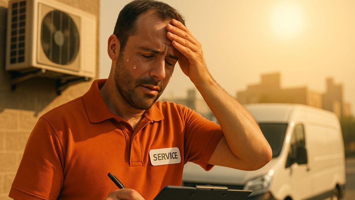 Ein Techniker im Außendienst kämpft bei hochsommerlichen Temperaturen mit Hitzebelastung - eine wach (© tele-LOOK/Solutiness GmbH)