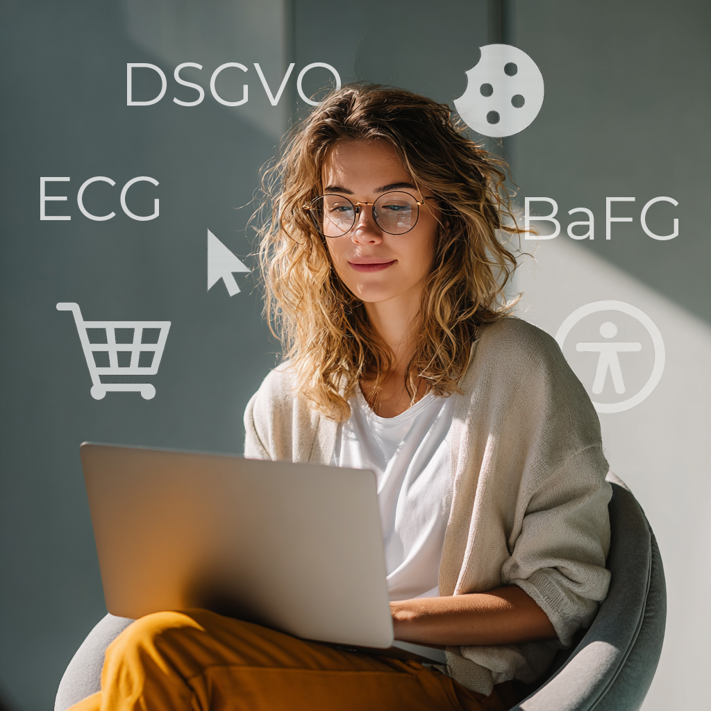 Junge Frau arbeitet am Laptop, Begriffe und Icons symbolisieren digitale Anforderungen im E-Commerce Junge Frau arbeitet am Laptop, Begriffe und Icons symbolisieren digitale Anforderungen im E-Commerce