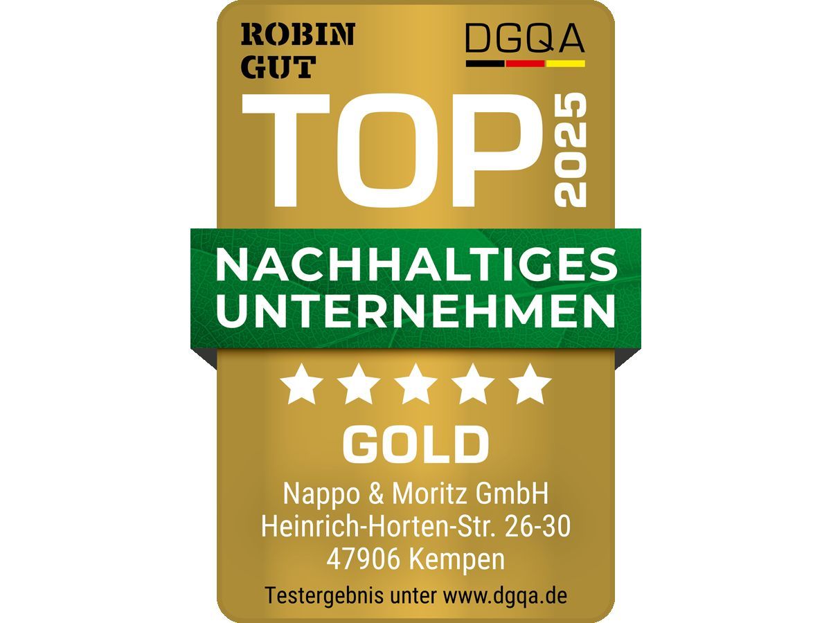 Das ROBIN GUT Nachhaltigkeitssiegel in Gold für die Nappo & Moritz GmbH (© DGQA - Deutsche Gesellschaft für Qualitätsanalysen mbH)