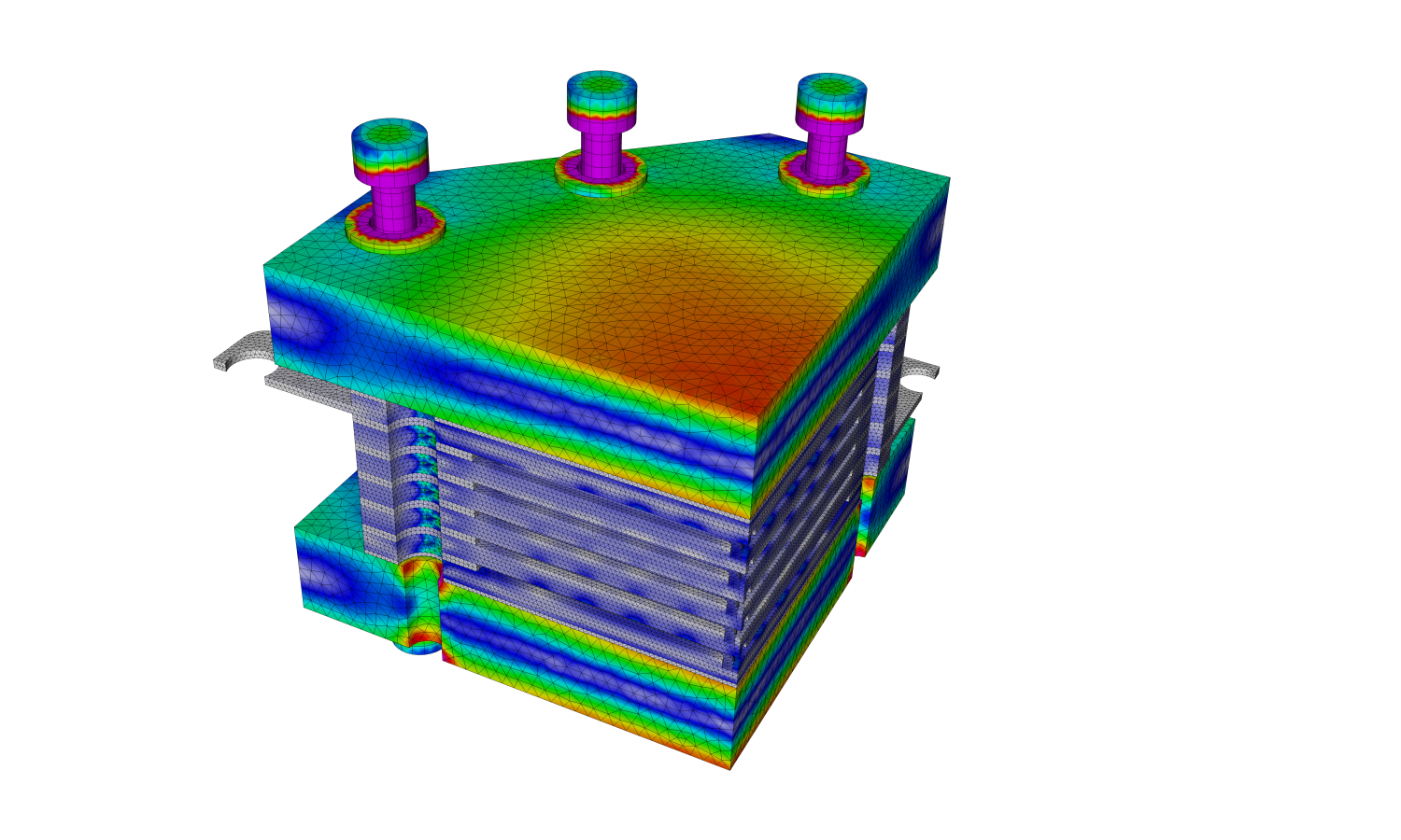 Spannungen aus der FEM-Simulation zum 500 W Konzept-Stack aus dem Förderprojekt AWEC++. Spannungen aus der FEM-Simulation zum 500 W Konzept-Stack aus dem Förderprojekt AWEC++.