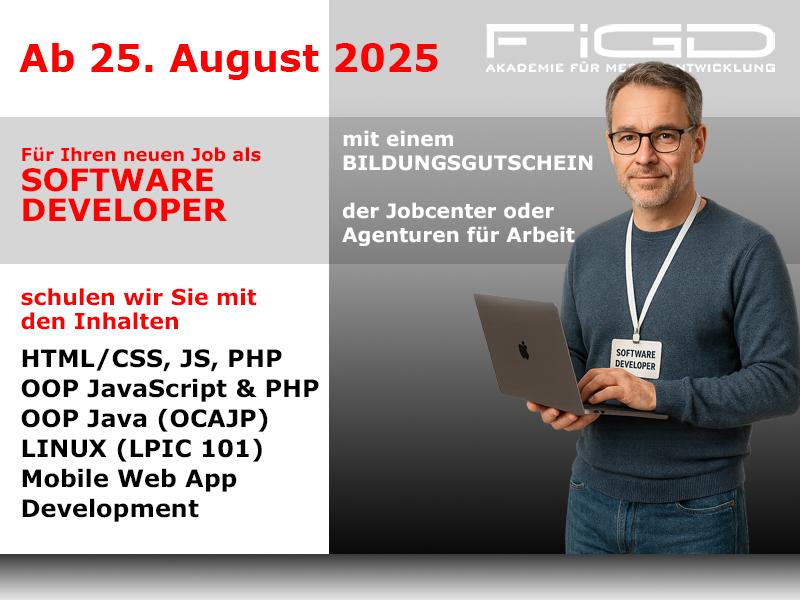 Java SE 17 lernen & OCP-Prüfung bestehen – mit der FiGD Akademie, 100 % förderbar.