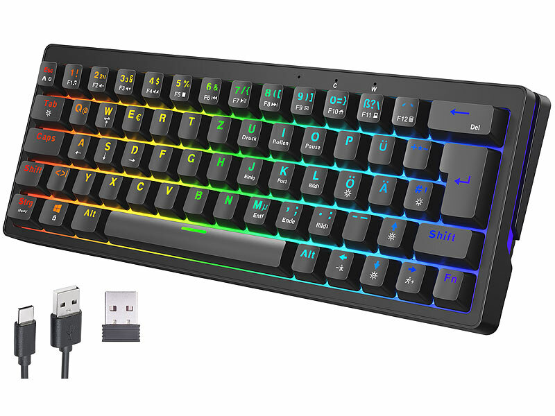 GeneralKeys Mechanische 60-%-Funk-Tastatur mit RGB-Beleuchtung, QWERTZ, Akku, www.pearl.de (Die Bildrechte liegen bei dem Verfasser der Mitteilung.)