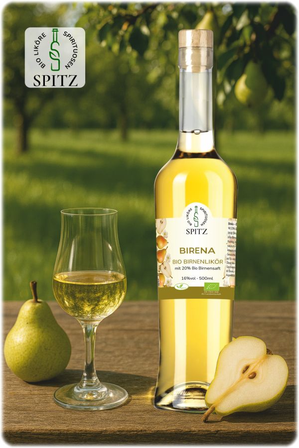 BIRENA Bio-Birnenlikör Spitz. 20 % Bio-Birnensaft, 16 % vol. (© Nutzung honorarfrei für publizistische, nicht-kommerzielle Zwecke)