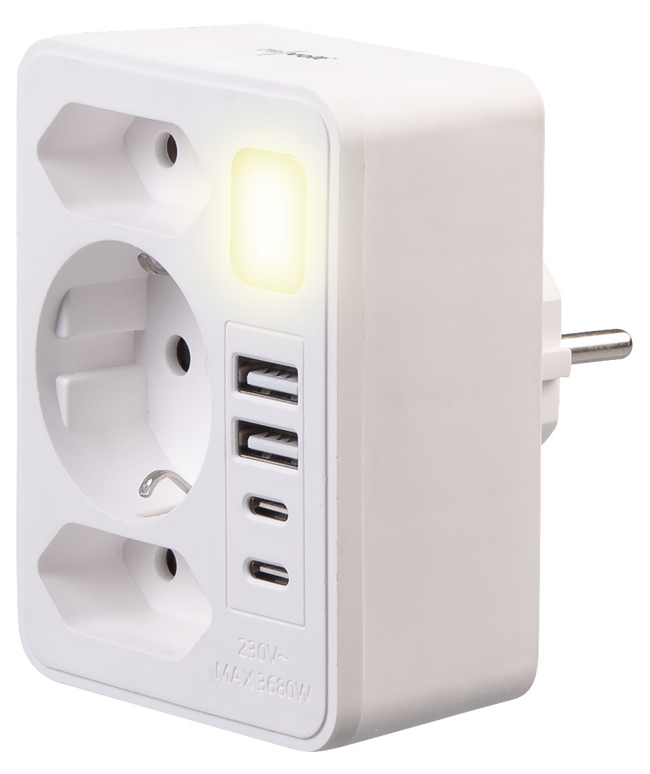 revolt 8in1-Mehrfach-Steckdosen-Adapter mit USB-C/A, Nachtlicht, 3.680 Watt, www.pearl.de (Die Bildrechte liegen bei dem Verfasser der Mitteilung.)
