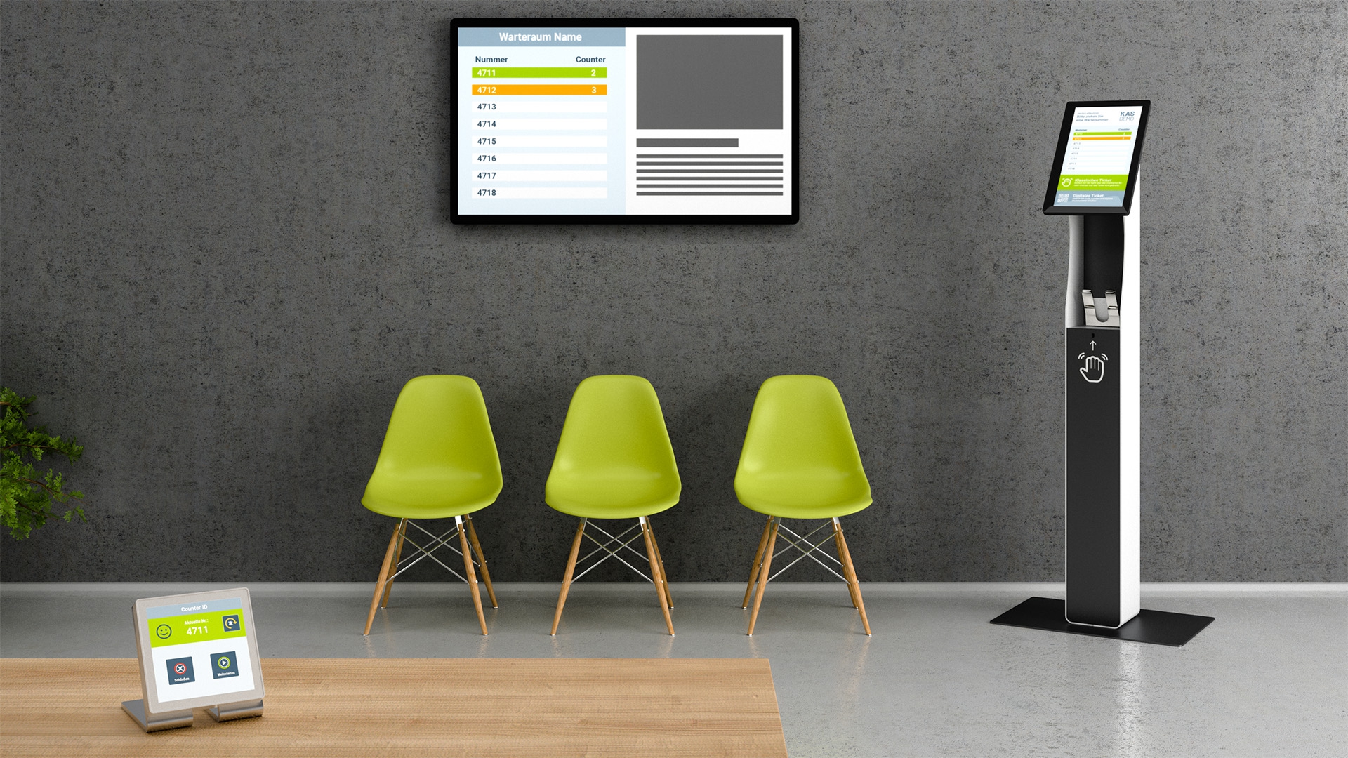 Ticket-Terminal, Wartezimmer-Display und Steuerungssystem bilden die Grundkomponenten eines Patientenmanagementsystems.