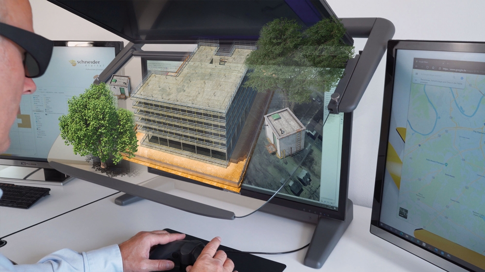 Die Symbiose aus 3D PluraView Stereo-Monitoren von Schneider Digital mit der CAD-Software ELITECAD. (Die Bildrechte liegen bei dem Verfasser der Mitteilung.)