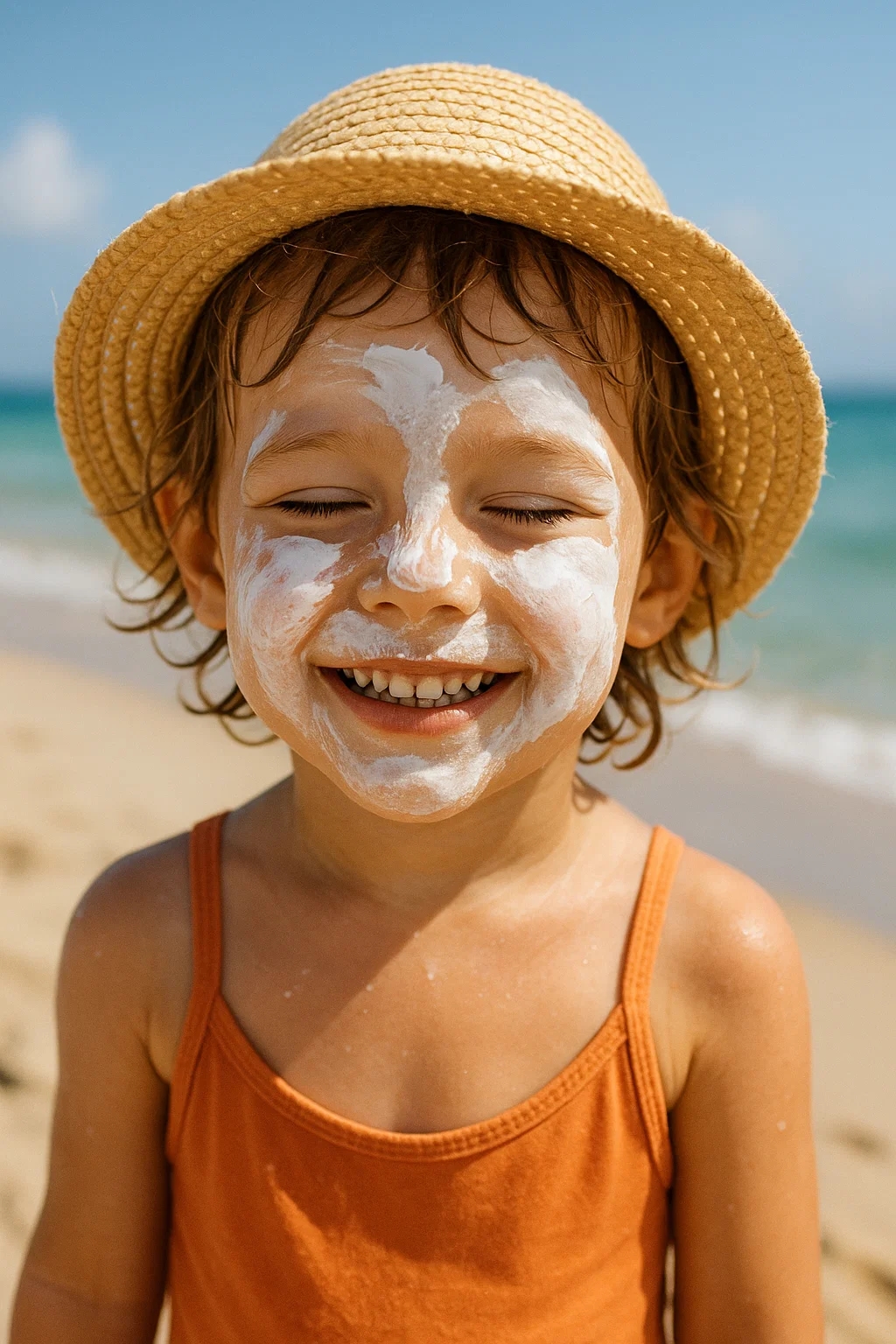 Glückliches Kind am Strand mit Sonnencreme im Gesicht (Die Bildrechte liegen bei dem Verfasser der Mitteilung.) Glückliches Kind am Strand mit Sonnencreme im Gesicht (Die Bildrechte liegen bei dem Verfasser der Mitteilung.)