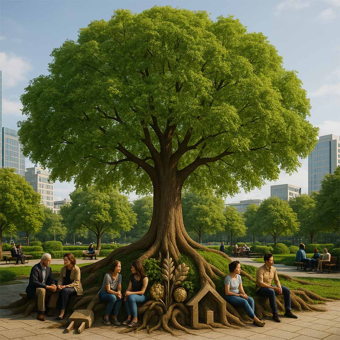 Großer Baum in Stadtpark, dessen Wurzeln Energie, Nahrung und Wohnen symbolisieren. Menschen sitzen Großer Baum in Stadtpark, dessen Wurzeln Energie, Nahrung und Wohnen symbolisieren. Menschen sitzen