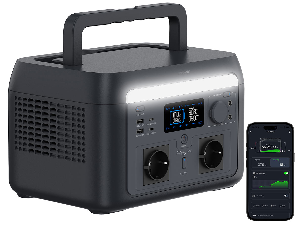 PEARL GmbH / www.pearl.de revolt Tragbare Powerstation& Solargenerator HSG-500, 614,4 Wh, USV, App (Die Bildrechte liegen bei dem Verfasser der Mitteilung.)