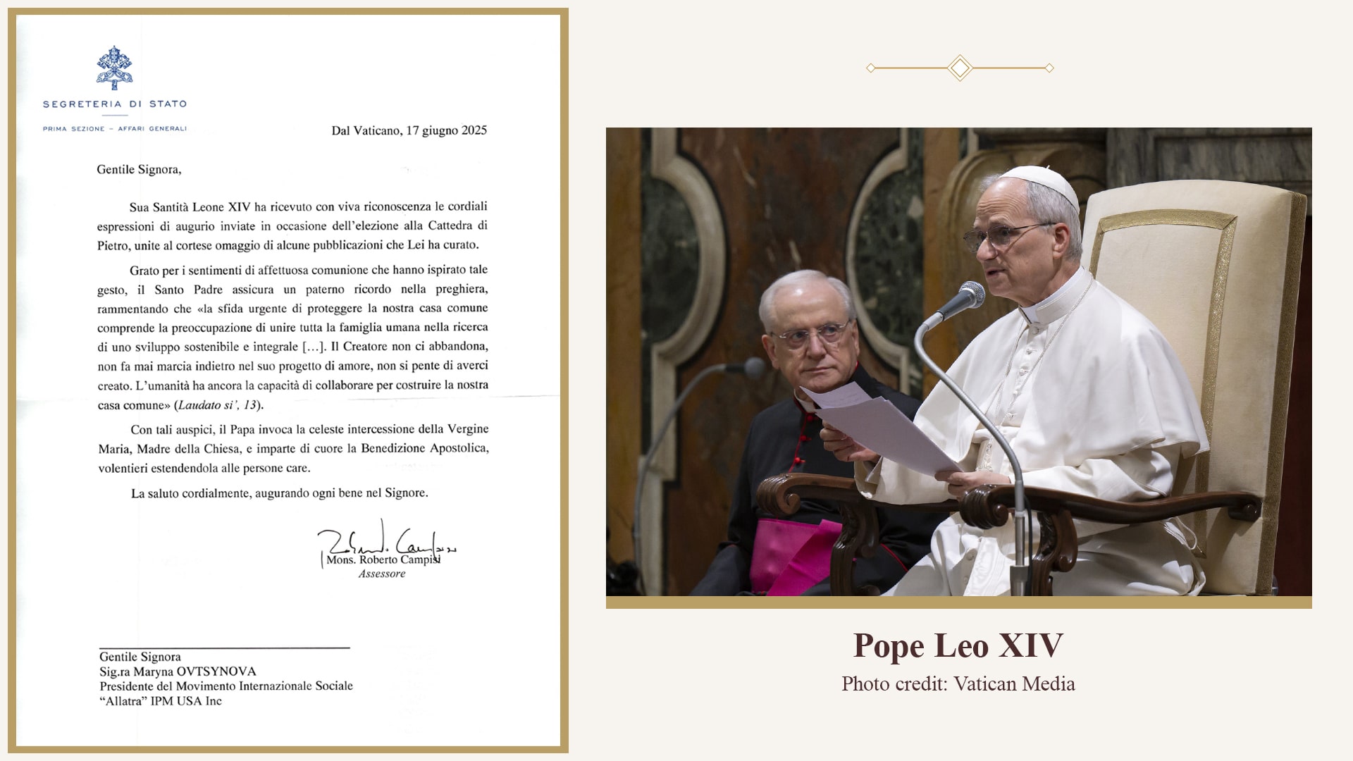 Apostolischer Segen von Seiner Heiligkeit Papst Leo XIV (Die Bildrechte liegen bei dem Verfasser der Mitteilung.)