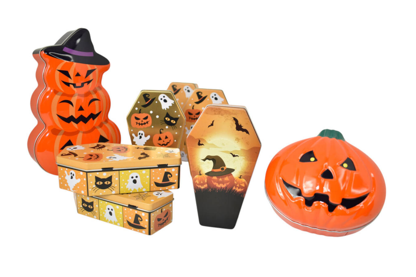 Gruselige Party-Deko oder Geschenkboxen für Süßes oder Saures: Halloween Dosen in klassischer Kürbisform, oder als schaurige Sargd