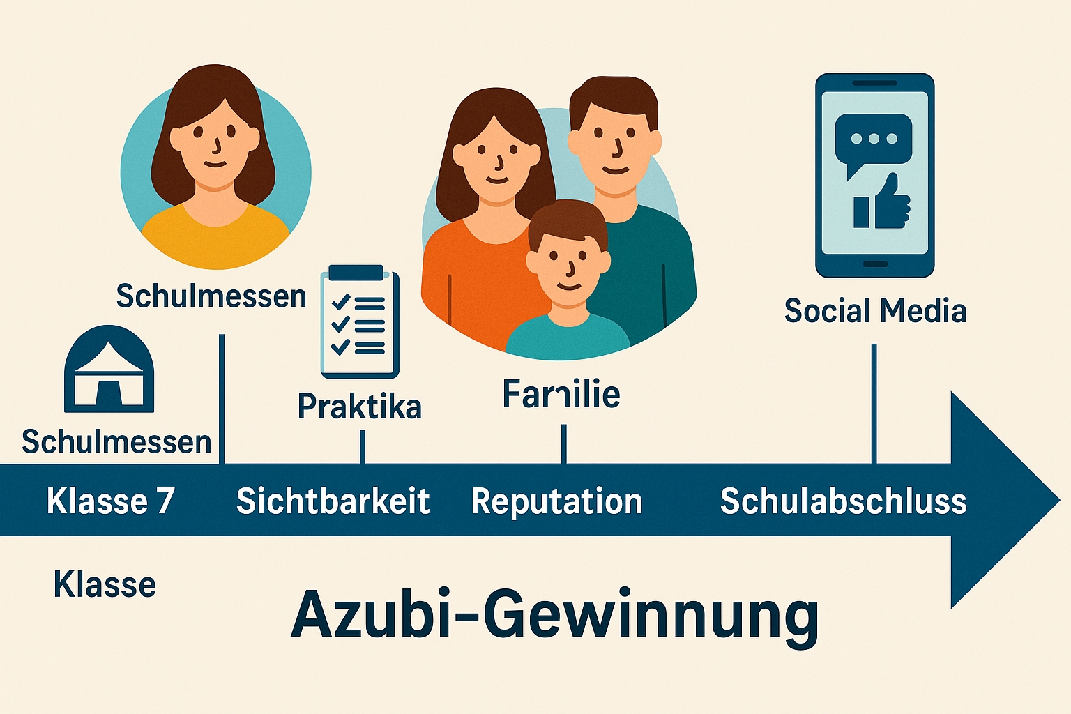 Zeitstrahl zur Azubi-Gewinnung: Von der Schulzeitüber Praktika und Familie bis Ausbildungsbeginn (Die Bildrechte liegen bei dem Verfasser der Mitteilung.)