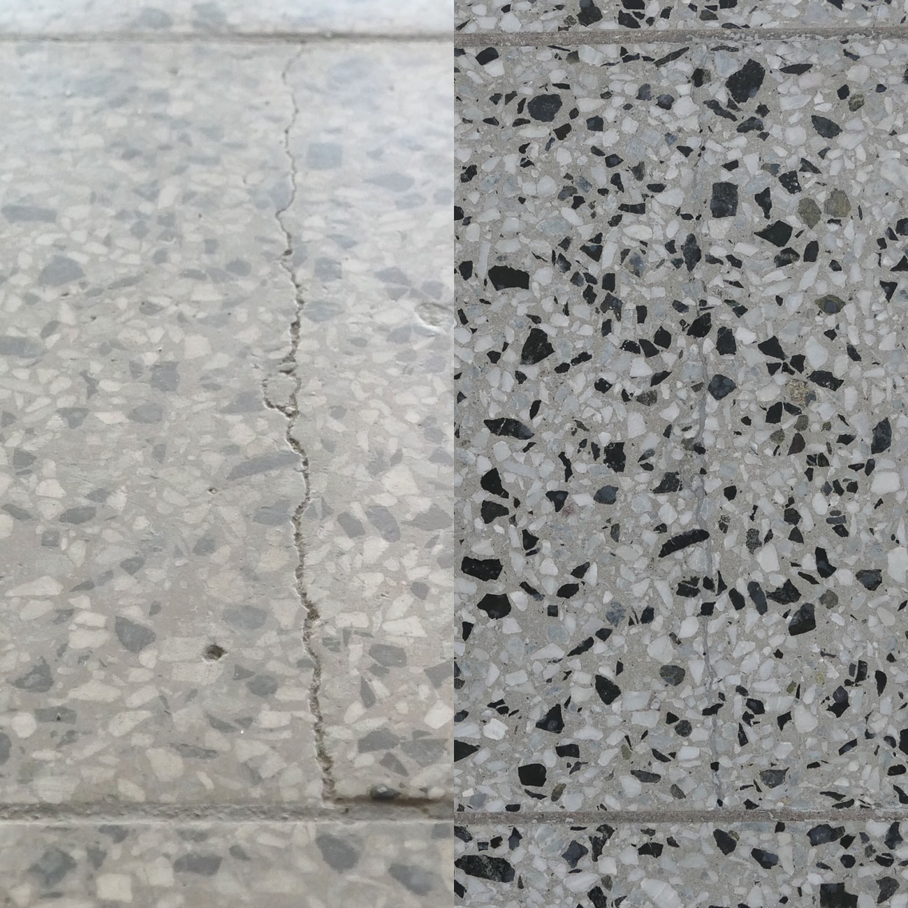 Terrazzofliese vor und nach der Risssanierung (Die Bildrechte liegen bei dem Verfasser der Mitteilung.)