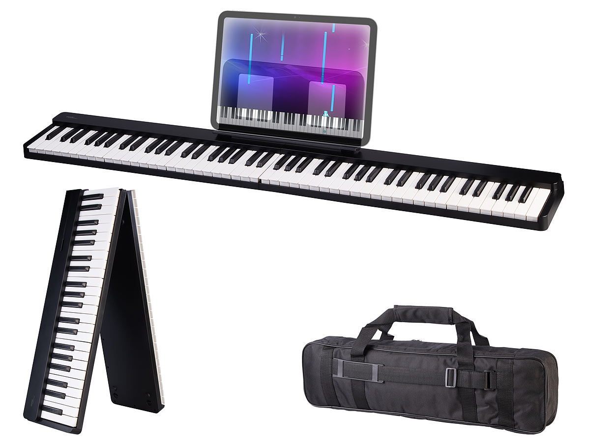 PEARL GmbH / www.pearl.de: auvisio Faltbares Klavier, 88 halbgewichtete Leuchttasten, MIDI, App (Die Bildrechte liegen bei dem Verfasser der Mitteilung.)
