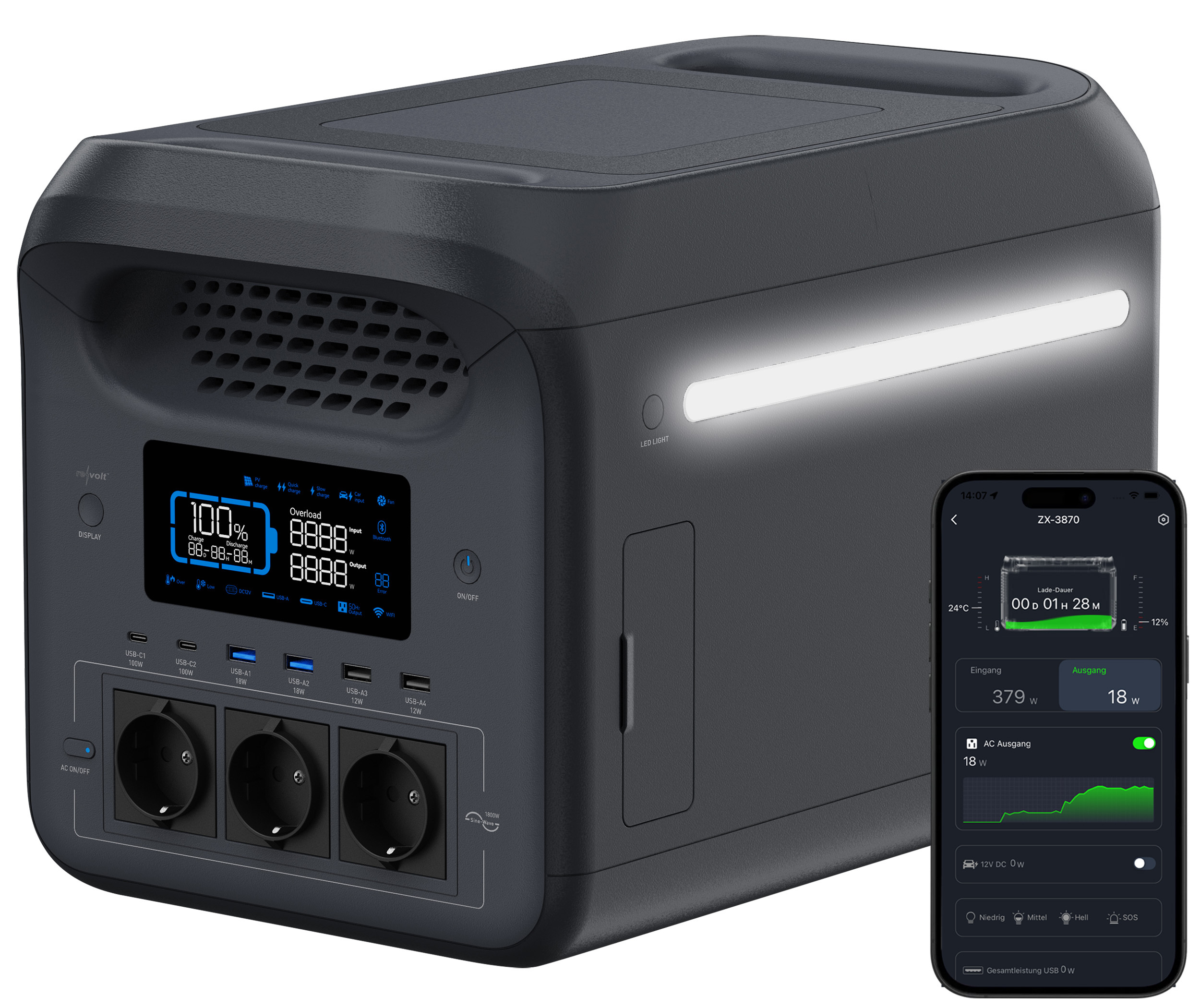 PEARL GmbH / www.pearl.de: revolt Tragbare Powerstation& Solar-Generator HSG-600, 1800 Watt, App (Die Bildrechte liegen bei dem Verfasser der Mitteilung.)