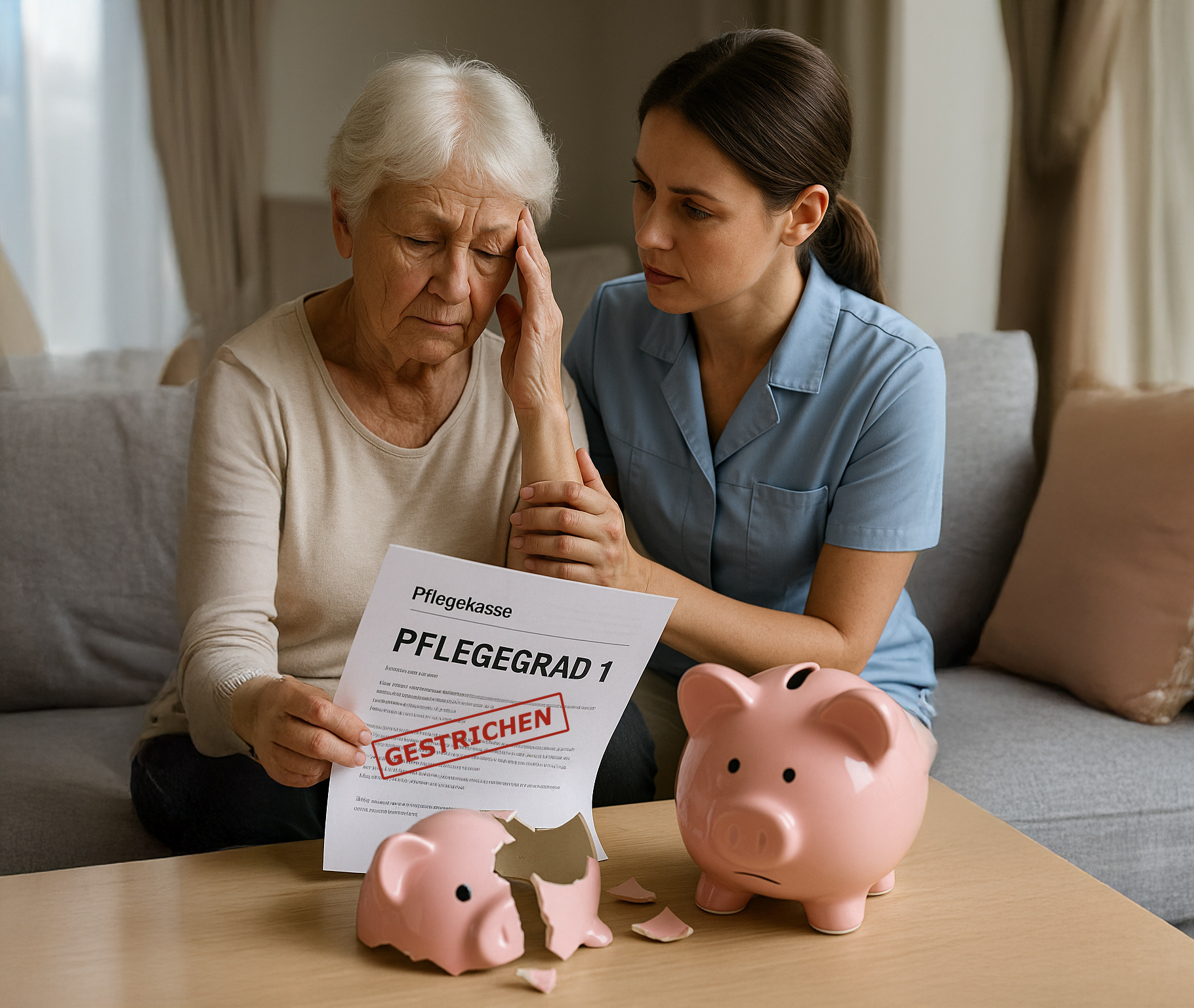 Pflege in Sorge: Die geplante Streichung gefährdet dringend benötigte Unterstützung (KI generiert). (Die Bildrechte liegen bei dem Verfasser der Mitteilung.)