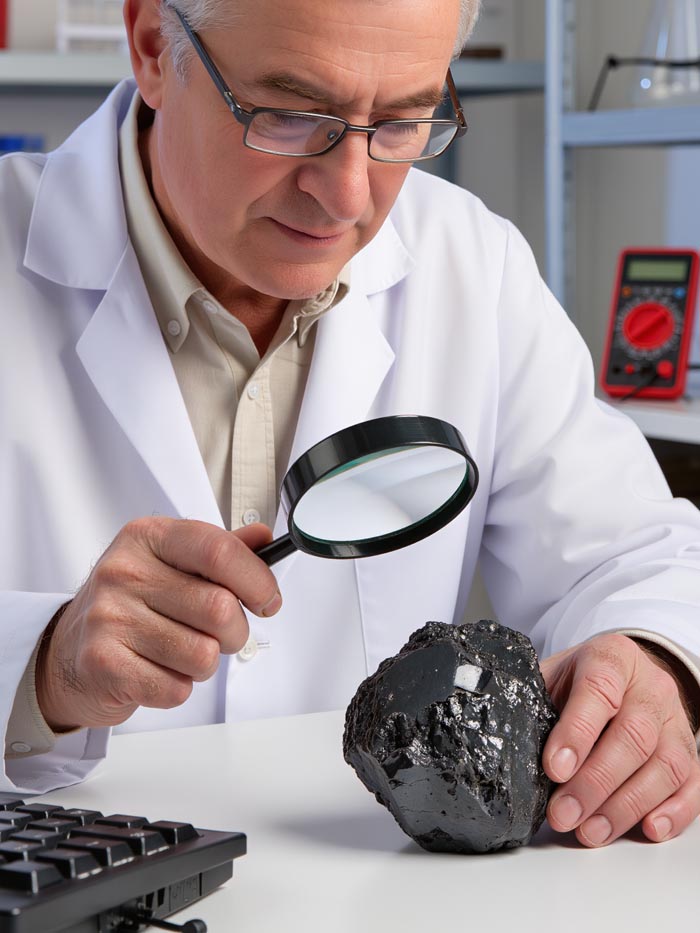 Ein Mann untersucht einen großen schwarzen Stein unter der Lupe, um die Echtheit des Schungit-Steins (Die Bildrechte liegen bei dem Verfasser der Mitteilung.)