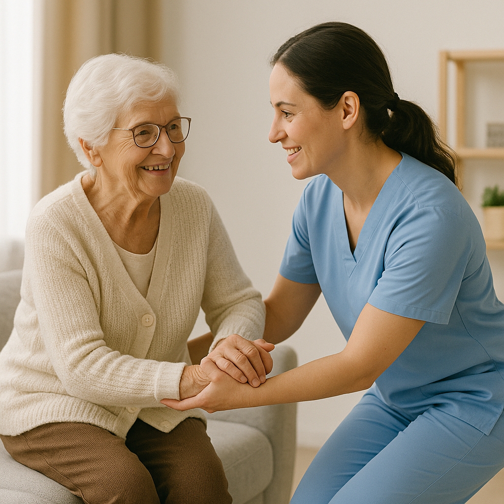 Pflegekraft unterstützt Seniorin beim Aufstehen (KI generiert). (Die Bildrechte liegen bei dem Verfasser der Mitteilung.) Pflegekraft unterstützt Seniorin beim Aufstehen (KI generiert). (Die Bildrechte liegen bei dem Verfasser der Mitteilung.)