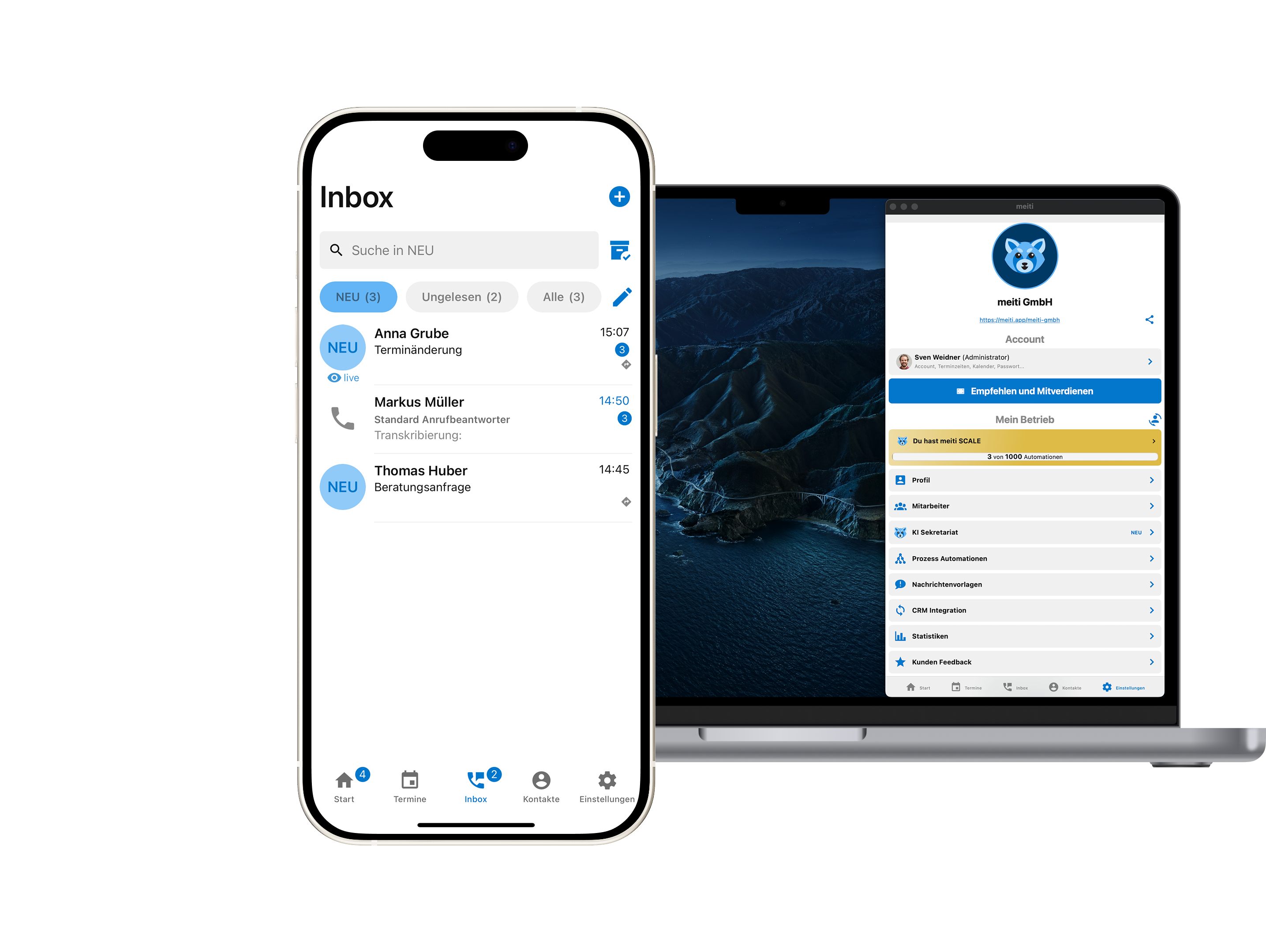 Das KI Sekretariat meiti unterstützt kleine Unternehmen bei der Kundenkommunikation - unterwegs per App und im Büro am Computer. Das KI Sekretariat meiti unterstützt kleine Unternehmen bei der Kundenkommunikation - unterwegs per App und im Büro am Computer.
