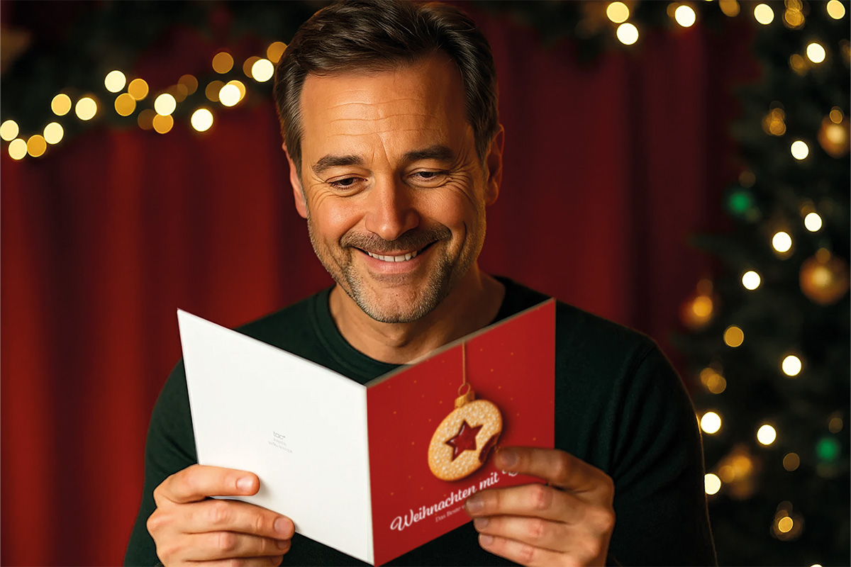 Geschäftsperson liest eine personalisierte Weihnachtskarte; warme Lichter, Tannenbaum im Hintergrund (Die Bildrechte liegen bei dem Verfasser der Mitteilung.) Geschäftsperson liest eine personalisierte Weihnachtskarte; warme Lichter, Tannenbaum im Hintergrund (Die Bildrechte liegen bei dem Verfasser der Mitteilung.)