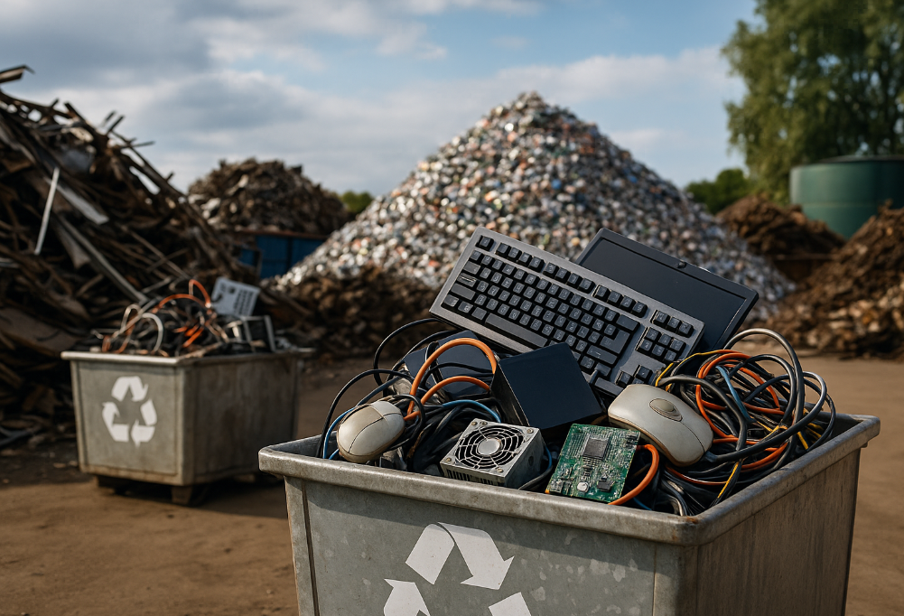 Sortierter Elektroschrott im Recyclinghof – alte Geräte werden umweltgerecht wiederverwertet.