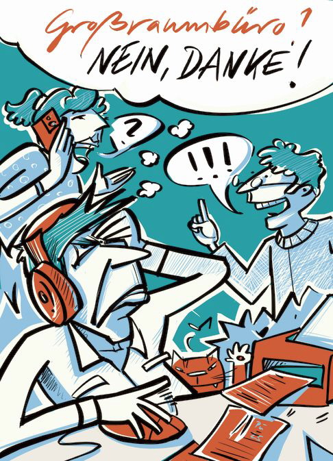 Titel des Buches"Großraumbüro? Nein danke" von Ernst Probst. Zeichnung: Antje Püpke, Berlin, www.antjepuepke.de. Copyright: Ernst Probst (Die Bildrechte liegen bei dem Verfasser der Mitteilung.)