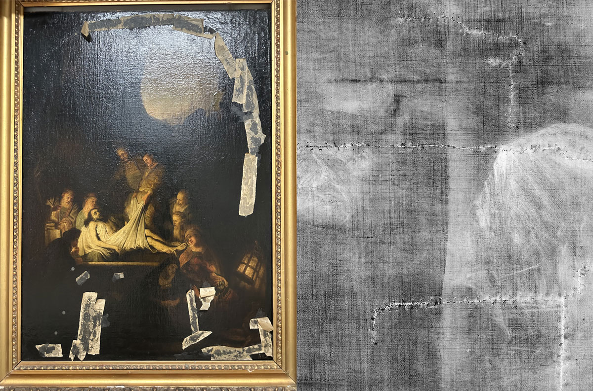Ausschnitt Röntgenaufnahme: Rembrandt, Grablegung Christi (Kopie).