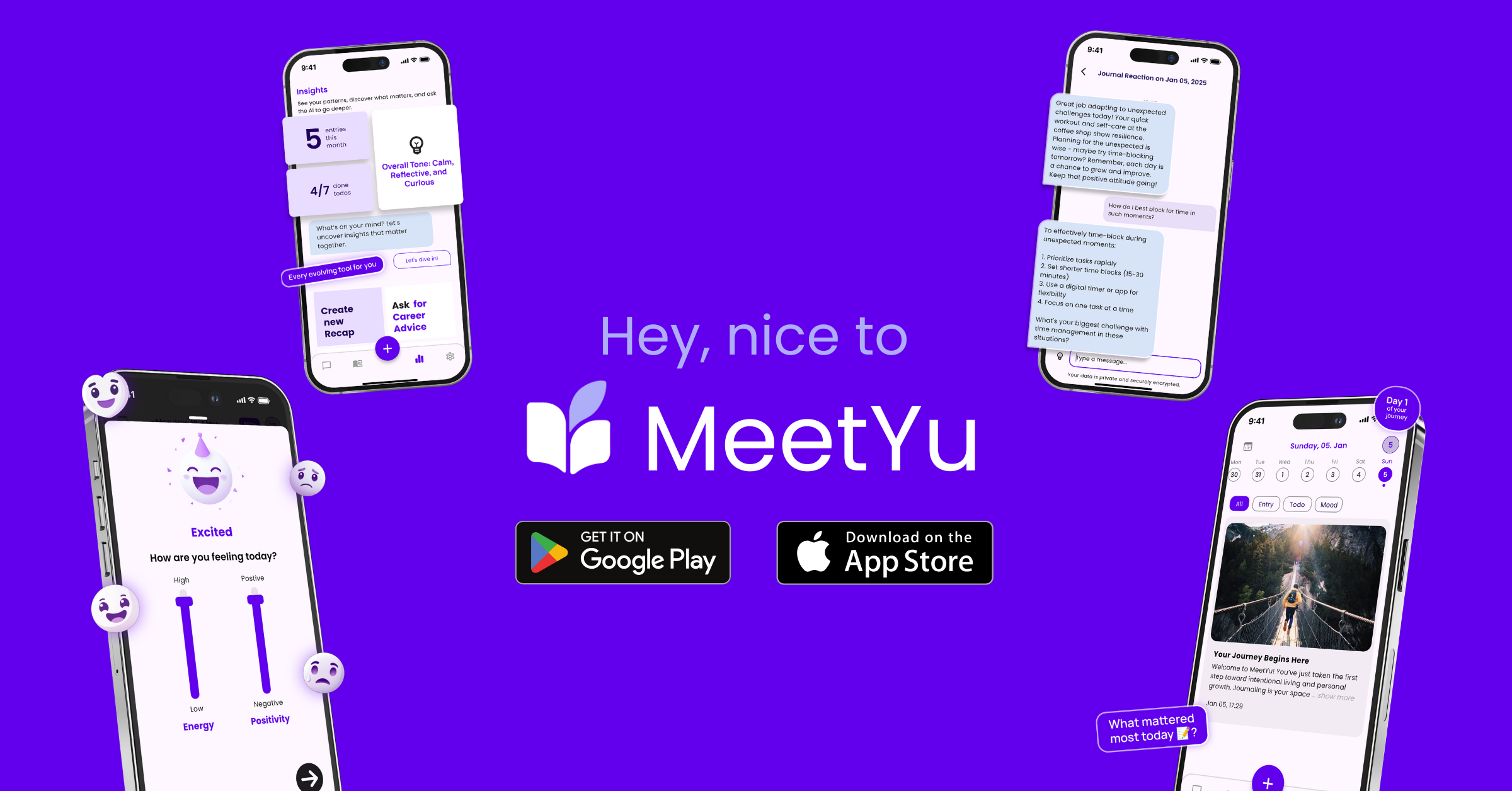 Die AI Journaling App MeetYu Life Coach für iOS und Android. Jetzt kostenlos im Apple App Store und Google Play Store.