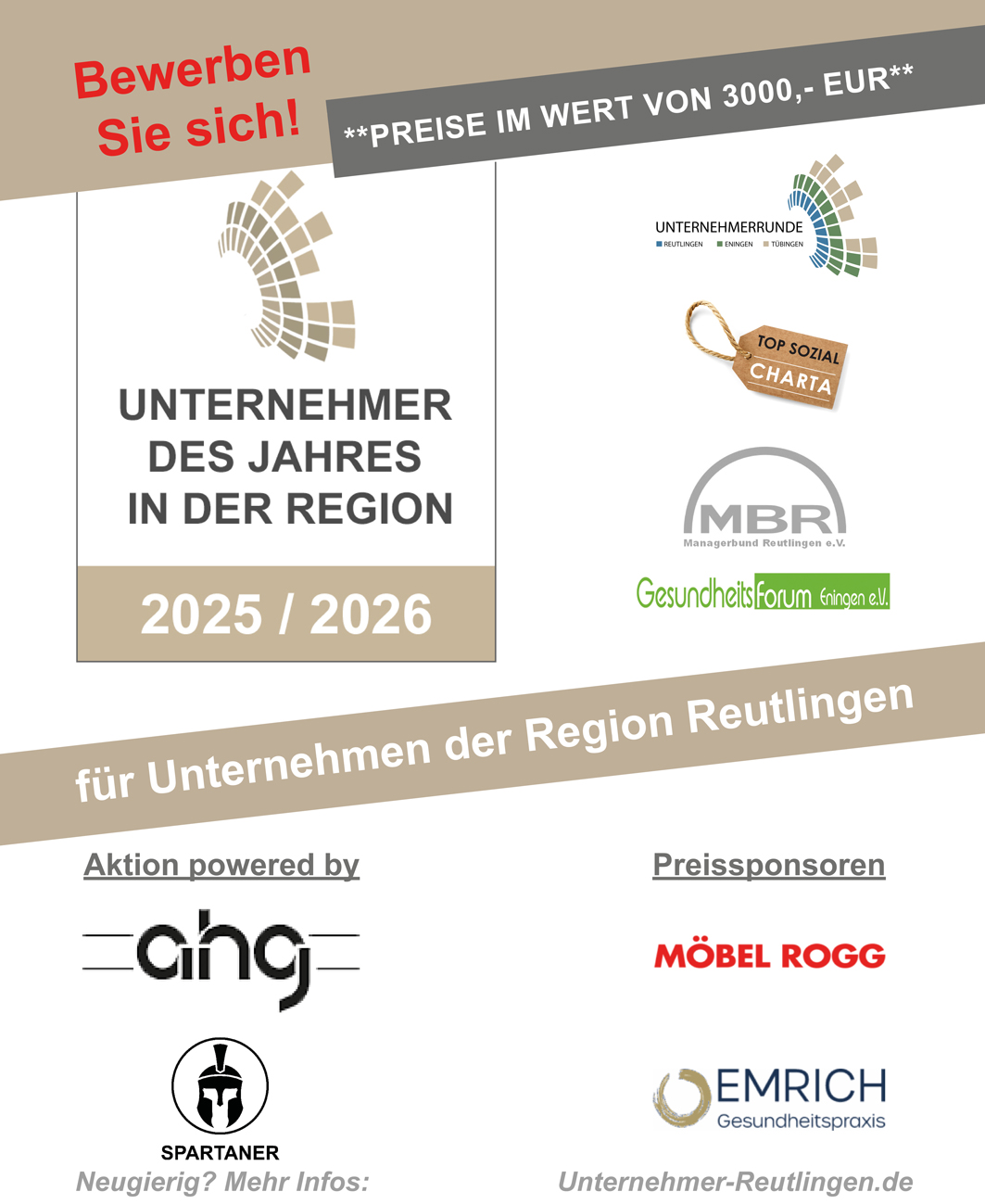 Unternehmen der Region Reutlingen aufgepasst! Wettbewerb Unternehmer des Jahres 2026 startet (Die Bildrechte liegen bei dem Verfasser der Mitteilung.)