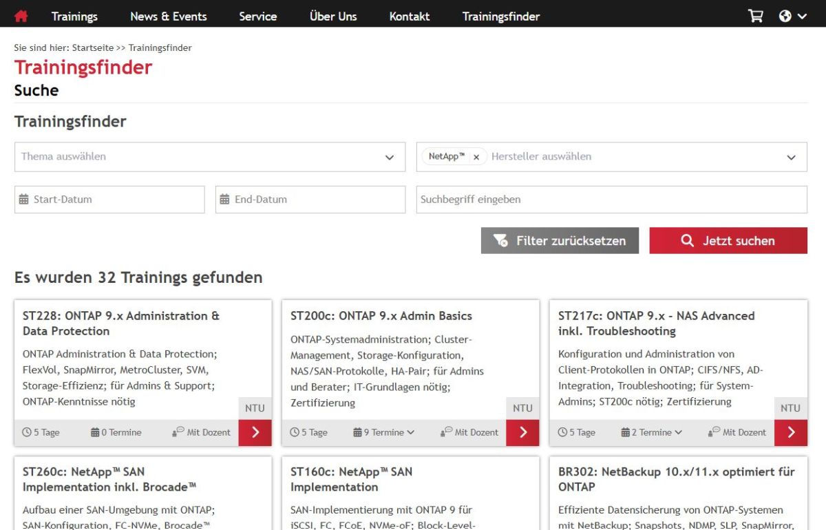 qSkills Trainingsfinder Screenshot - Hersteller = NetApp - 32 Trainings gefunden (© qSkills GmbH & Co. KG)