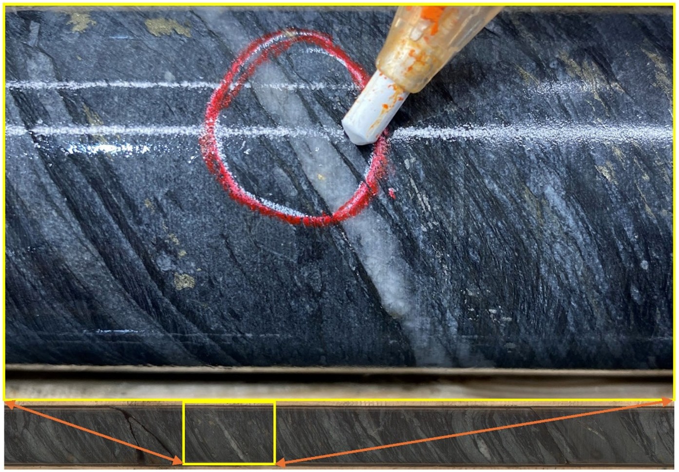 Schon in den ersten Bohrkernen von N2 ist sichtbares Gold zu erkennen; Quelle Formation Metals