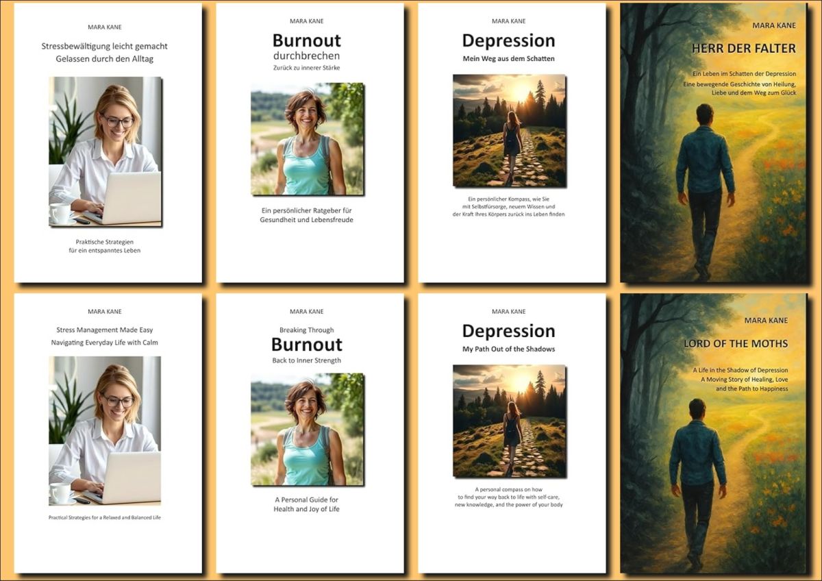 Ratgeber und Roman für mentale Gesundheit und Stärke von MARA KANE auf Deutsch und Englisch (© MARA KANE)