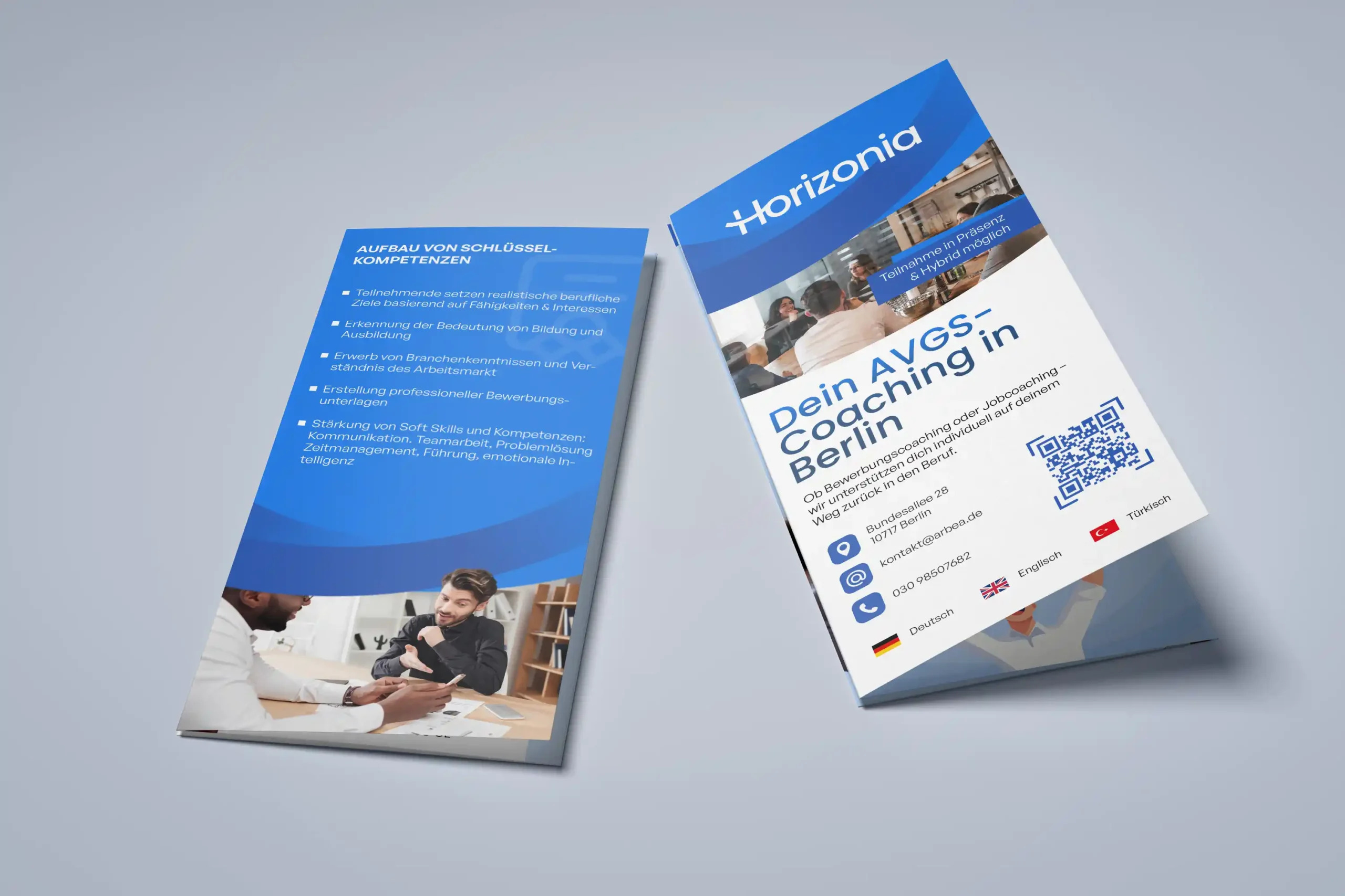 AVGS Jobcoaching Berlin - Flyer von Horizonia mit Informationen zu kostenlosem Jobcoaching und Bewerbungscoaching