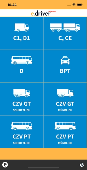 e.driver Professional–Kategorieauswahl für die Theorieprüfung C1/D1 (Die Bildrechte liegen bei dem Verfasser der Mitteilung.)