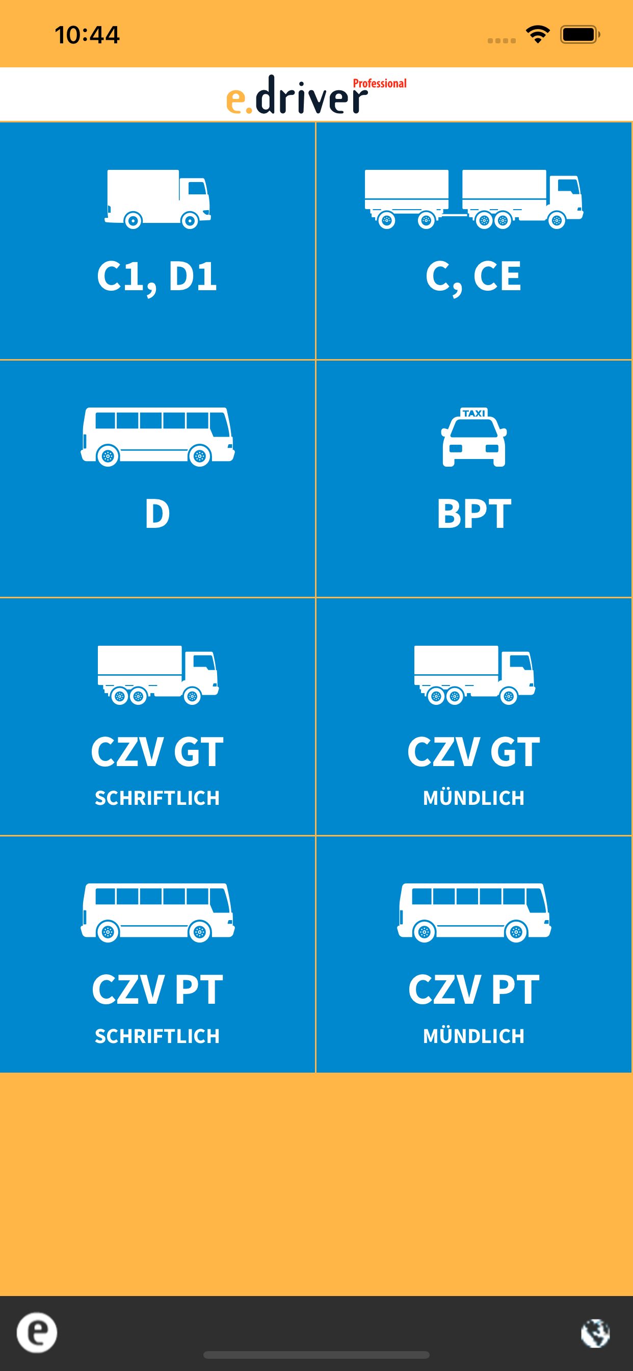 e.driver Professional - Kategorieauswahl für die CZV-Prüfung