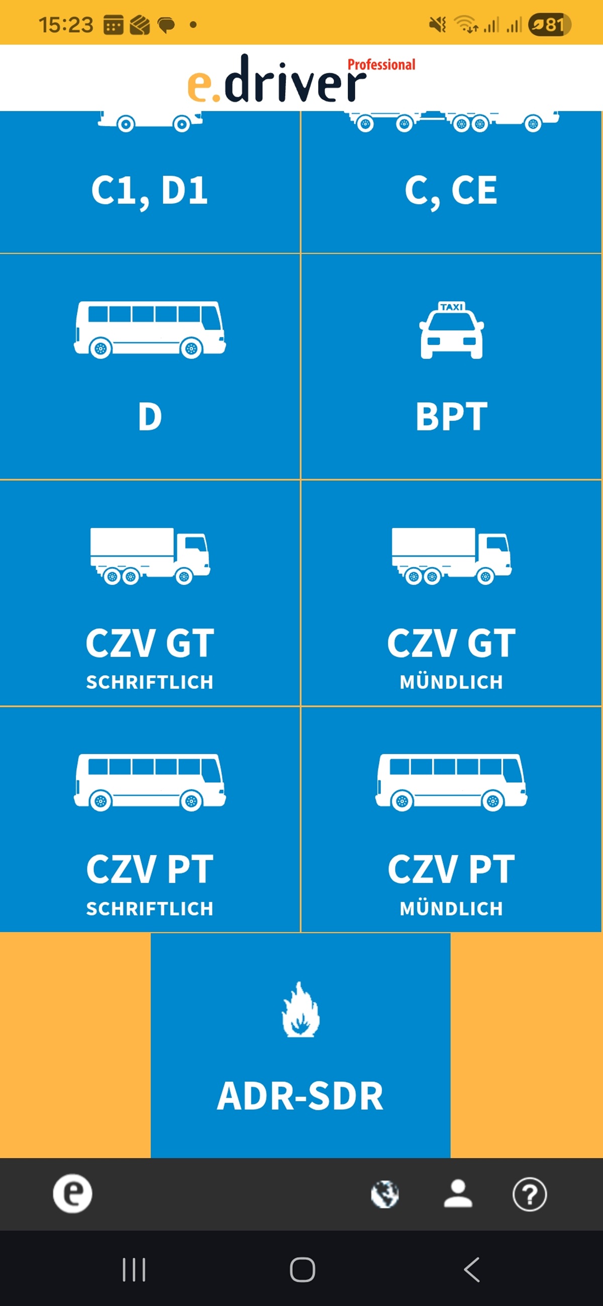 e.driver Professional - Kategorieauswahl für die ADR-SDR-Prüfung (Gefahrgut)