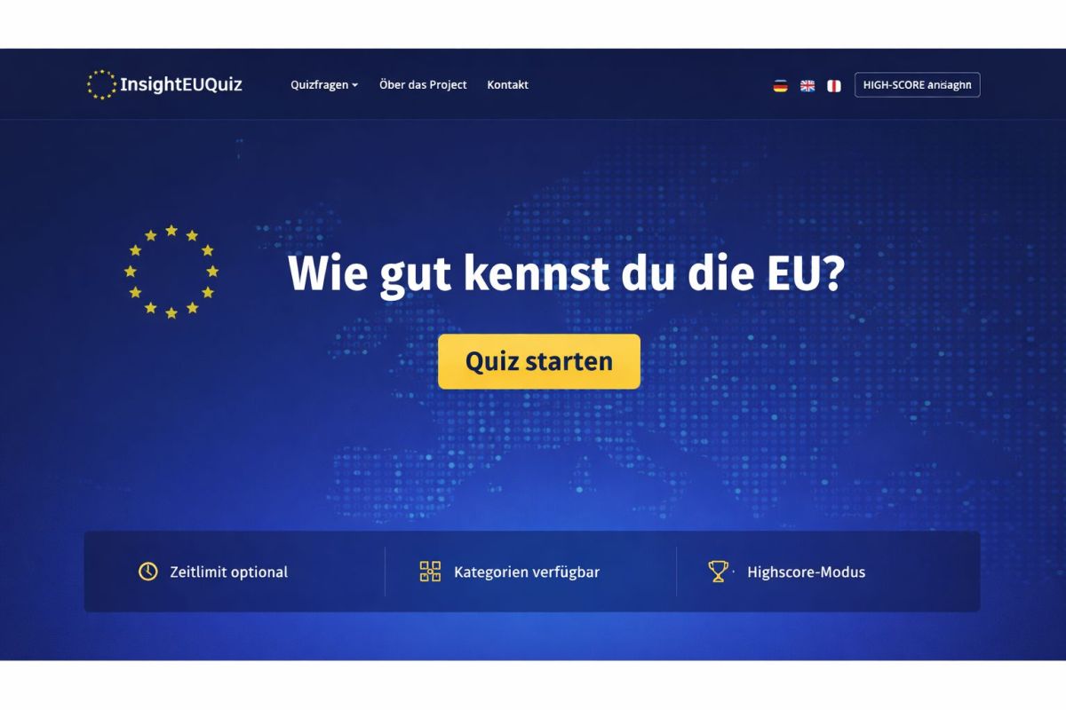 Die Startseite von InsightEUQuiz zeigt ein interaktives Online-Quiz zur Europäischen Union. (©InsightEUQuiz / Stefan Pilz)