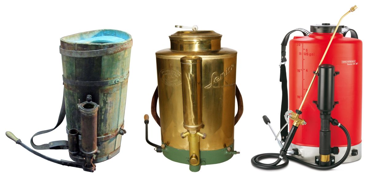 Entwicklung der Rückenspritzen v.l.n.r. Gerät von 1892, 1950, 1977 (© Birchmeier)