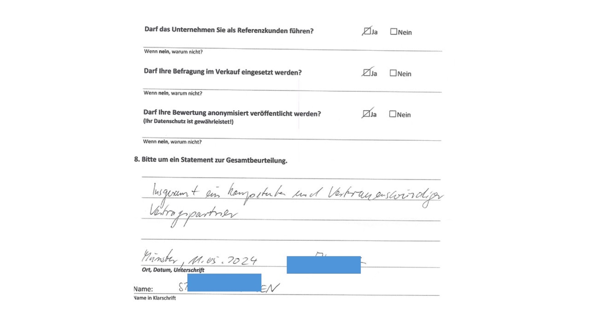 Originale Kopie eines Rückläufers aus einer schriftlichen Kundenbefragung