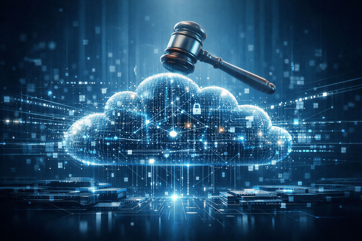 Symbolische Darstellung von Cloud-Computing und rechtlicher Regulierung, KI-generiert (Die Bildrechte liegen bei dem Verfasser der Mitteilung.)