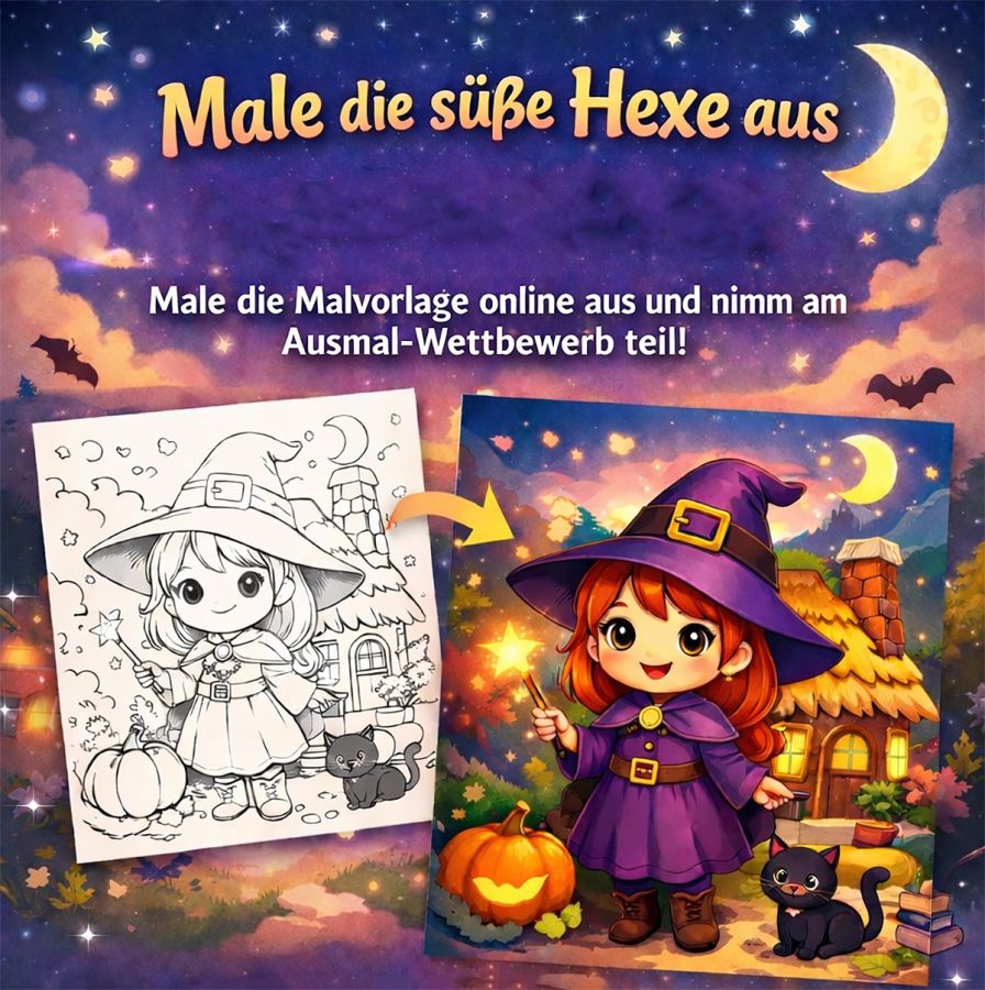 Malwettbewerb auf happycolorz.de: Mal die kleine Hexe aus (© happycolorz.de)