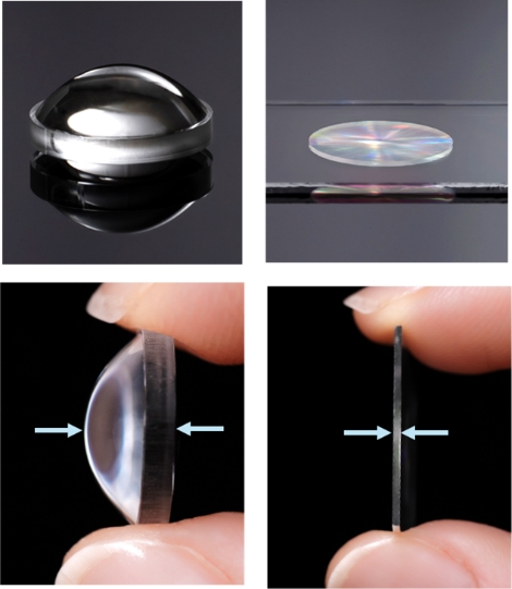 Herkömmliche refraktive Linse (links) und die neu entwickelte Metalinse von Kyocera (rechts) (Die Bildrechte liegen bei dem Verfasser der Mitteilung.)