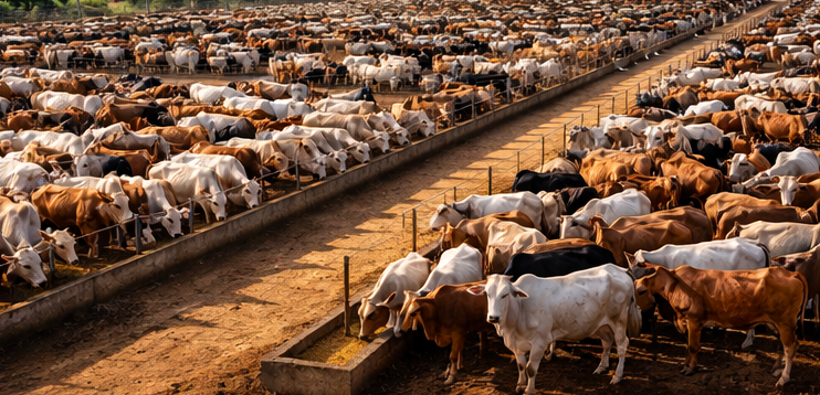 Riesige Feedlots mit tausenden von Rindern in Südamerika
