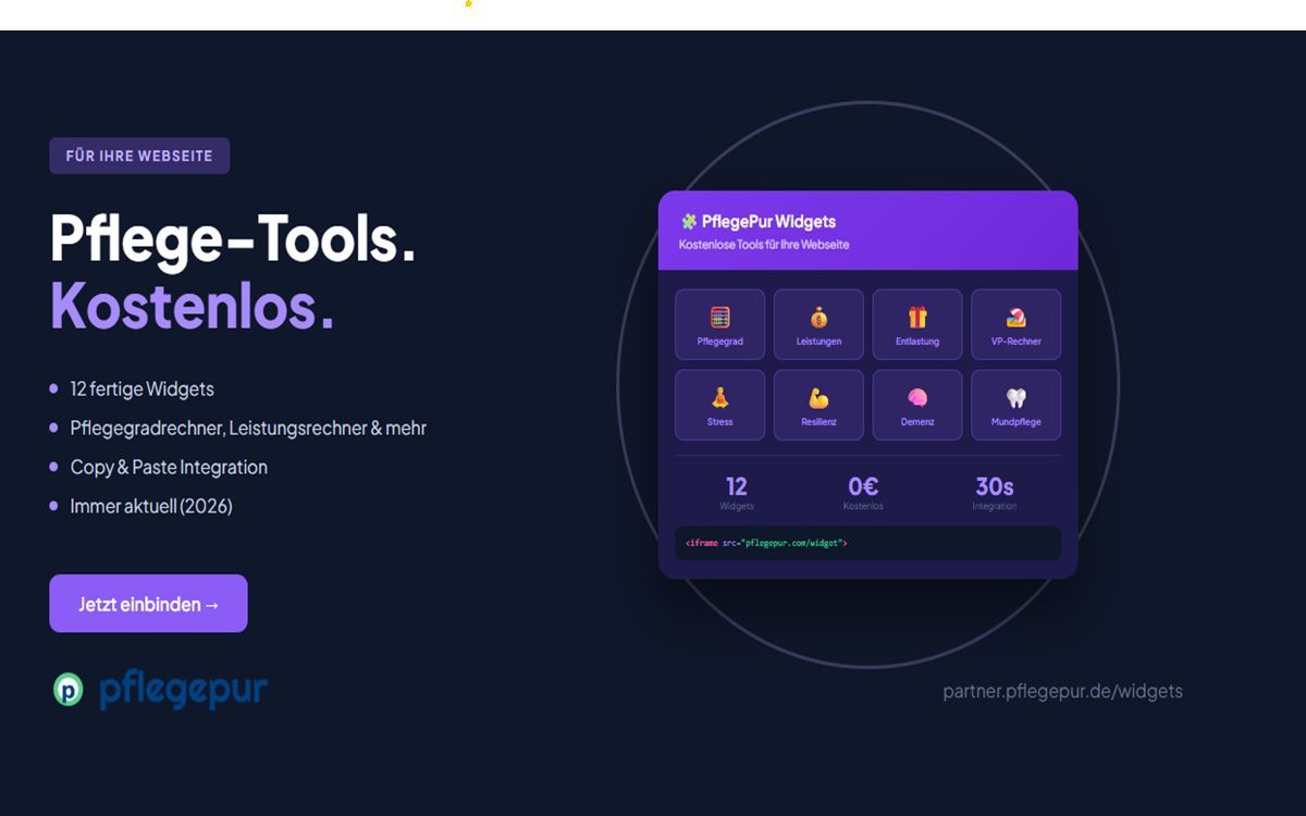 12 kostenlose Pflege-Widgets für Webseiten - Pflegegradrechner, Leistungsrechner und mehr (© PflegePur)