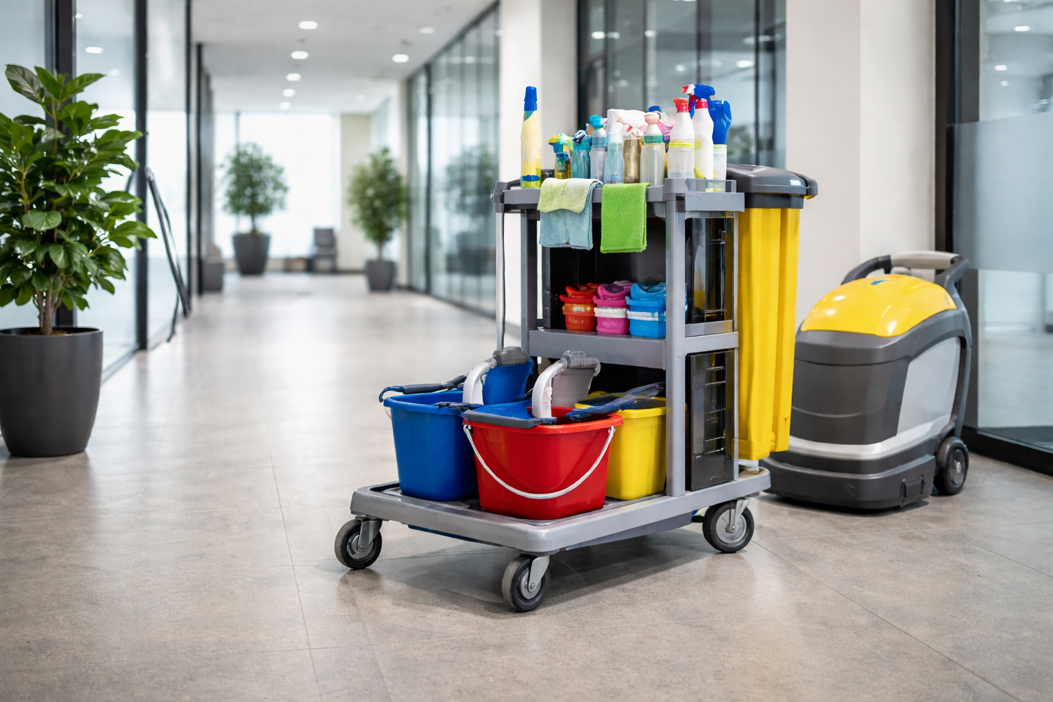 Unterhaltsreinigung München (B2B) - Reinigungswagen und Bodenreinigungsmaschine in modernem Bürogebäude