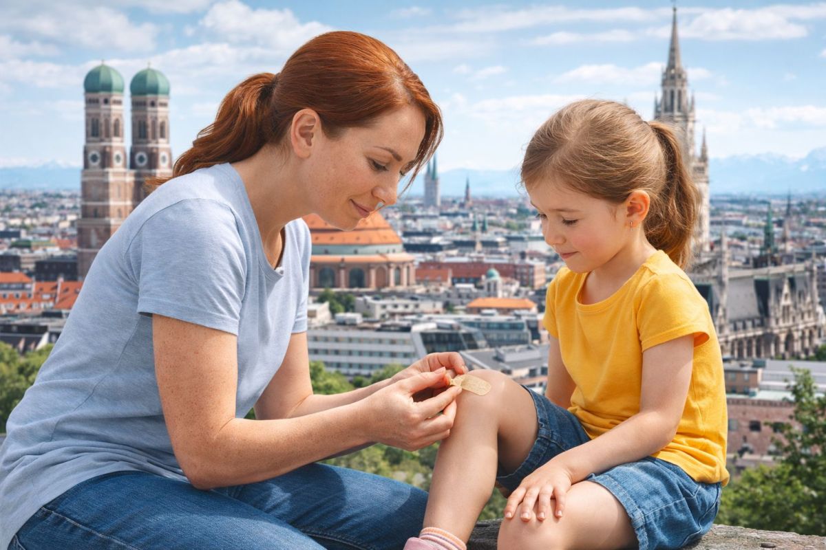 Erste-Hilfe-Kurs am Baby in München. Mutter klebt Pflaster. (© )