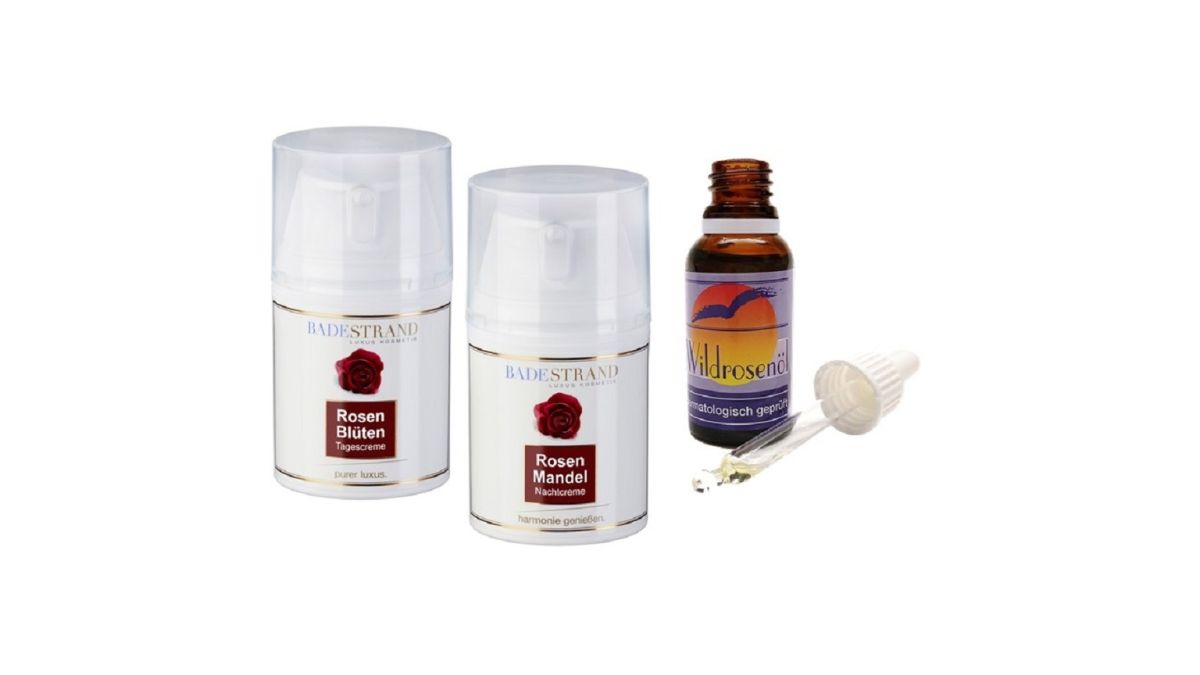 Pflegeprodukte für die Haut mit Rosenblütenöl von Badestrand Kosmetik (© Badestrand Kosmetik GmbH)