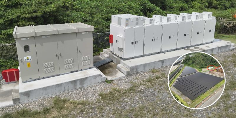 Solarpark Ene-Seed Nagasaki Nr. 2: Kombination von Solarstromerzeugung mit Lithium-Ionen-Energiespei (Bildquelle: GS Yuasa)