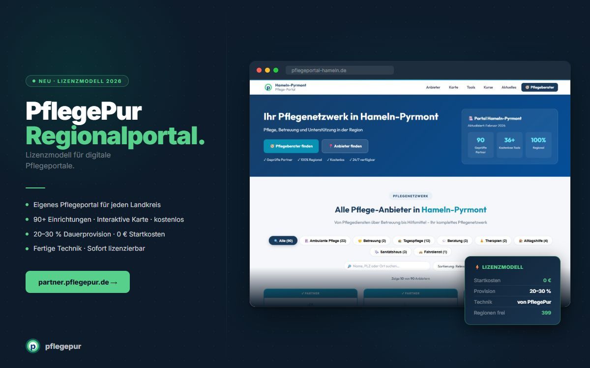 PflegePur Regionalportal - Lizenzmodell für digitale Pflegeportale. pflegeportal-hameln.de (© PflegePur)