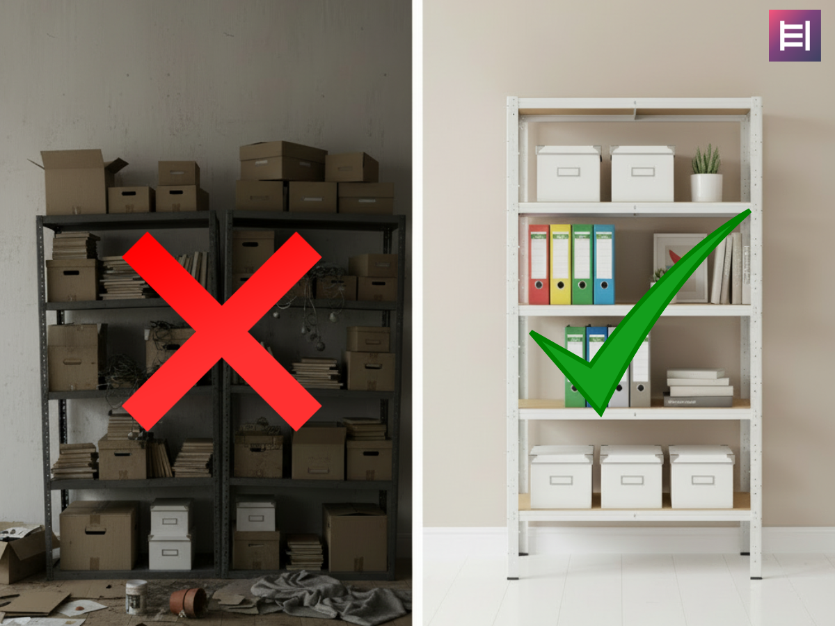 Links Chaos und wacklige Regale, rechts ordentlich geplanter Stauraum mit stabilem shelfplaza?Regal.